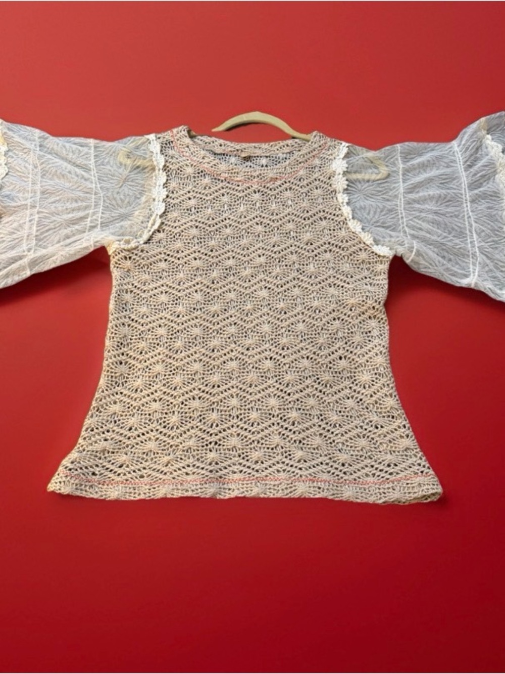 Mystree Women’s XS Crochet Knit Cream Top with Sheer Puff Sleeves